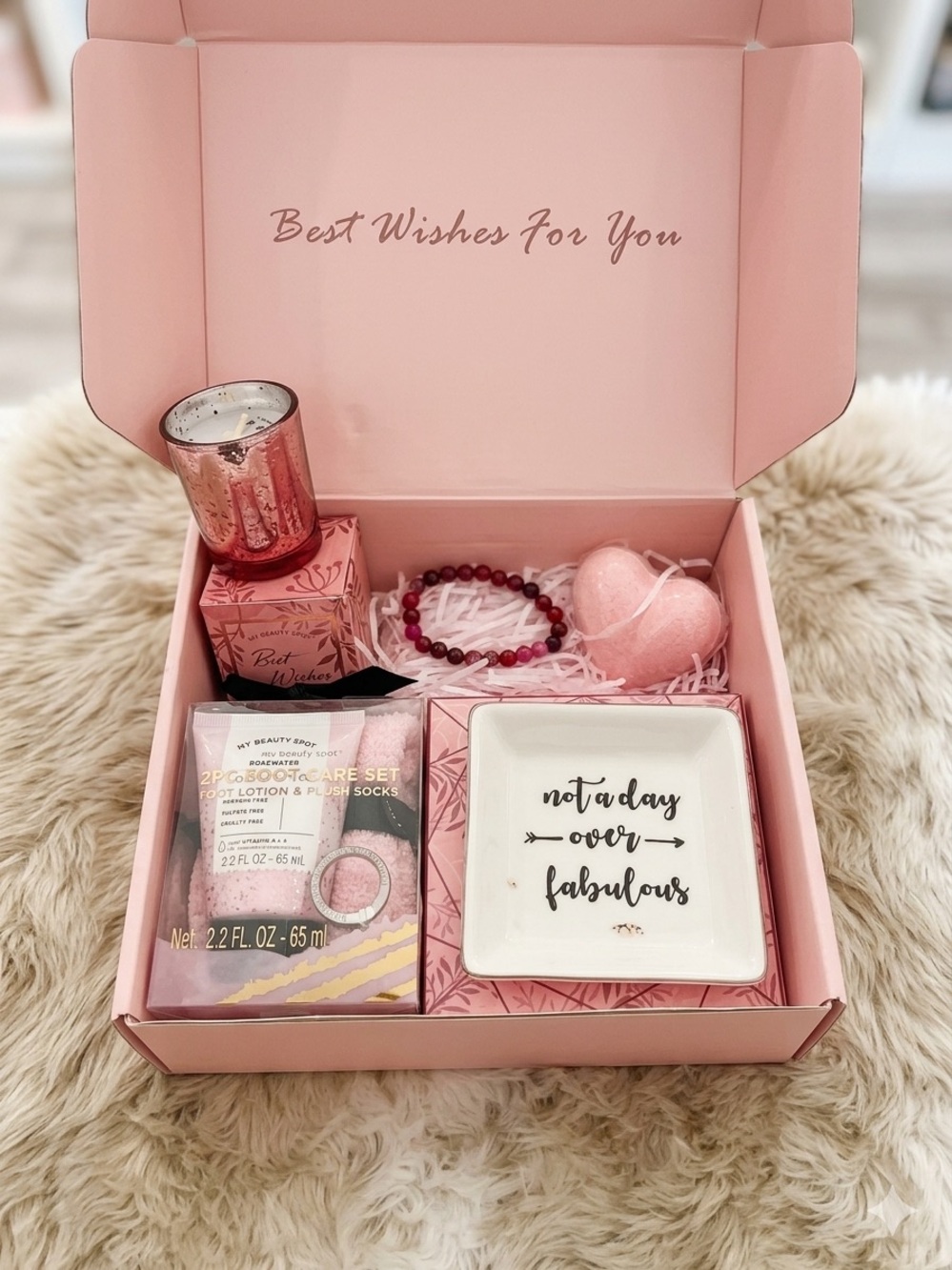 Pink Birthday Spa Gift Set Spa Box Lotion Socks Trinket Dish Candle New